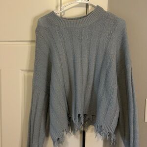 Double Zero Soft Blue Distressed Ribbed Crewneck Sweater